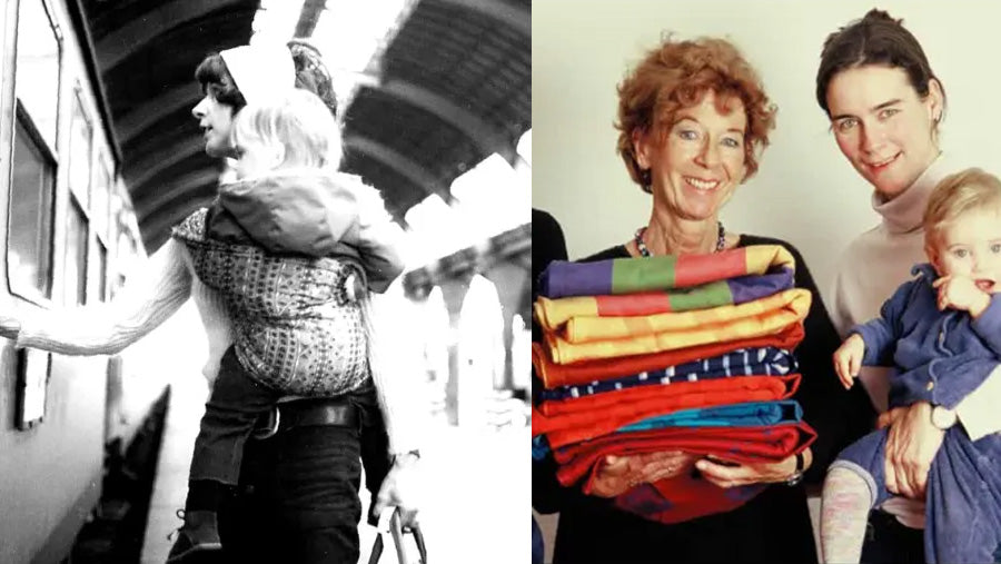 Didymos Baby Carriers founder in 1976 with her first baby wrap design, and with her daughter and organic fabrics.