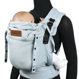 Side of a Didymos didyflow half buckle half tie cotton carrier in ocean shown on a mannequin showing adjsutable neck/head rest detail