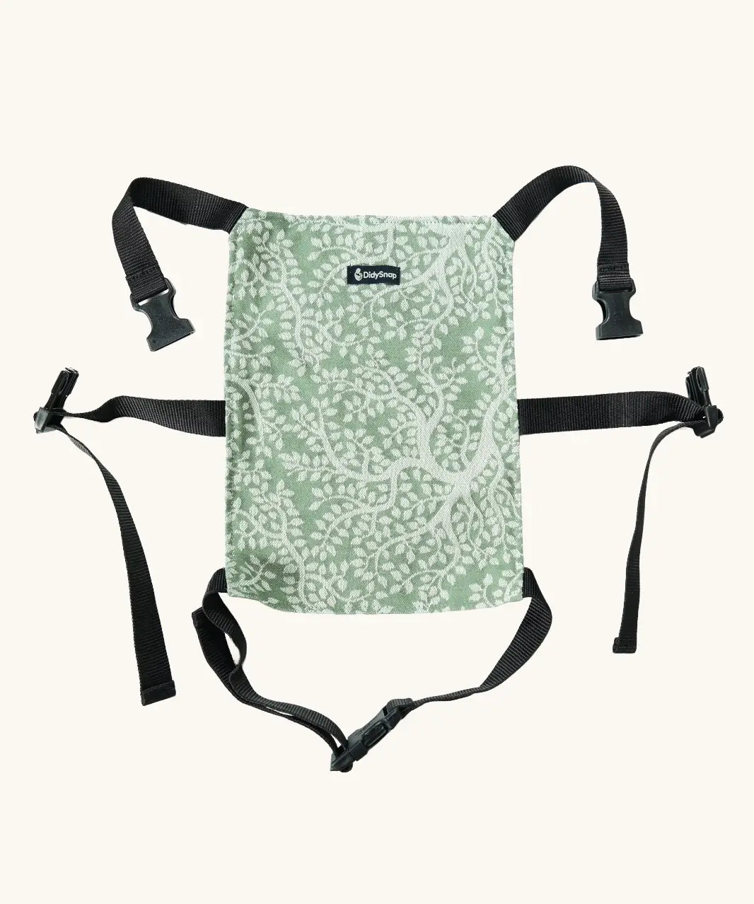 Didymos toy cotton carrier in the olive green twig design laid flat showing buckles unfastened