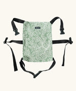 Didymos toy cotton carrier in the olive green twig design laid flat showing buckles unfastened