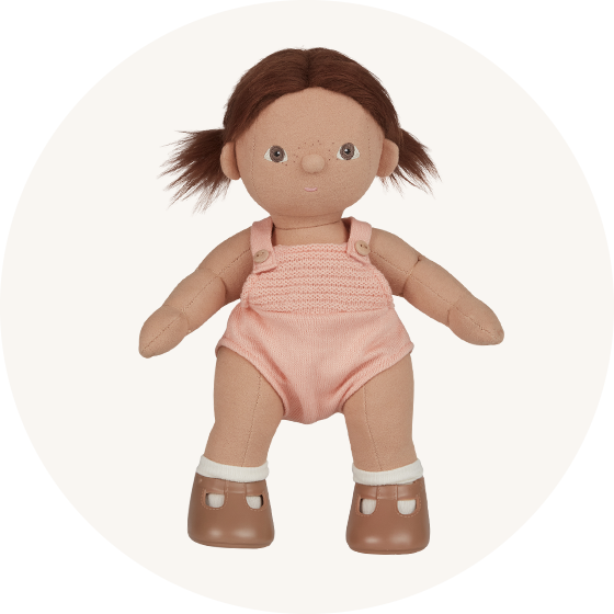 Dottie dinkum doll on cream background to represent Olli Ella dinkum dolls at Babipur.