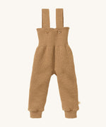 Disana organic merino wool dungarees in light brown on a cream background.