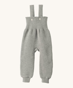 Disana organic merino wool dungarees in grey on a cream background.