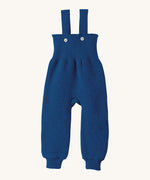 Disana organic merino wool dungarees in navy on a cream background.