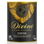 Divine Fairtrade Cocoa Powder, 125g tub on white background.