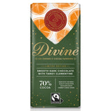 Divine Chocolate Fairtrade Dark Chocolate with Tangy Clementine Bar, in packaging, on a white background