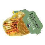 Divine fairtrade ethical milk chocolate coins in their bag on a white background