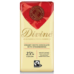 Divine Fairtrade White Chocolate Bar with Strawberries 90g in packaging pictured on a plain white background