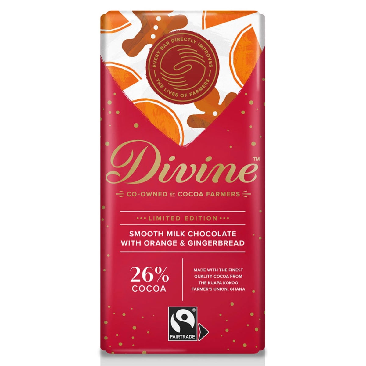 Divine Chocolate Fairtrade Milk Chocolate with Orange and Gingerbread Bar, in wrapper, on white background