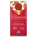 Divine Chocolate Fairtrade Milk Chocolate with Orange and Gingerbread Bar, in wrapper, on white background