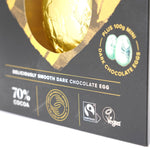 Close up of the Fairtrade and Vegan certifications on the side of the Divine dark chocolate Easter egg