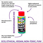 Infographic showing features of the Dr Zigs eco-friendly 10x concentrate bubble mix