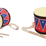 Two Plan Toys Big Drum II with a red and blue zig zag pattern one on its side