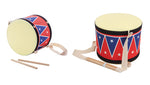 Two Plan Toys Big Drum II with a red and blue zig zag pattern one on its side