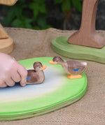 Two Ostheimer wooden ducks placed on a wooden pond scene piece. A child's hand can be seen holding the swimming duck.