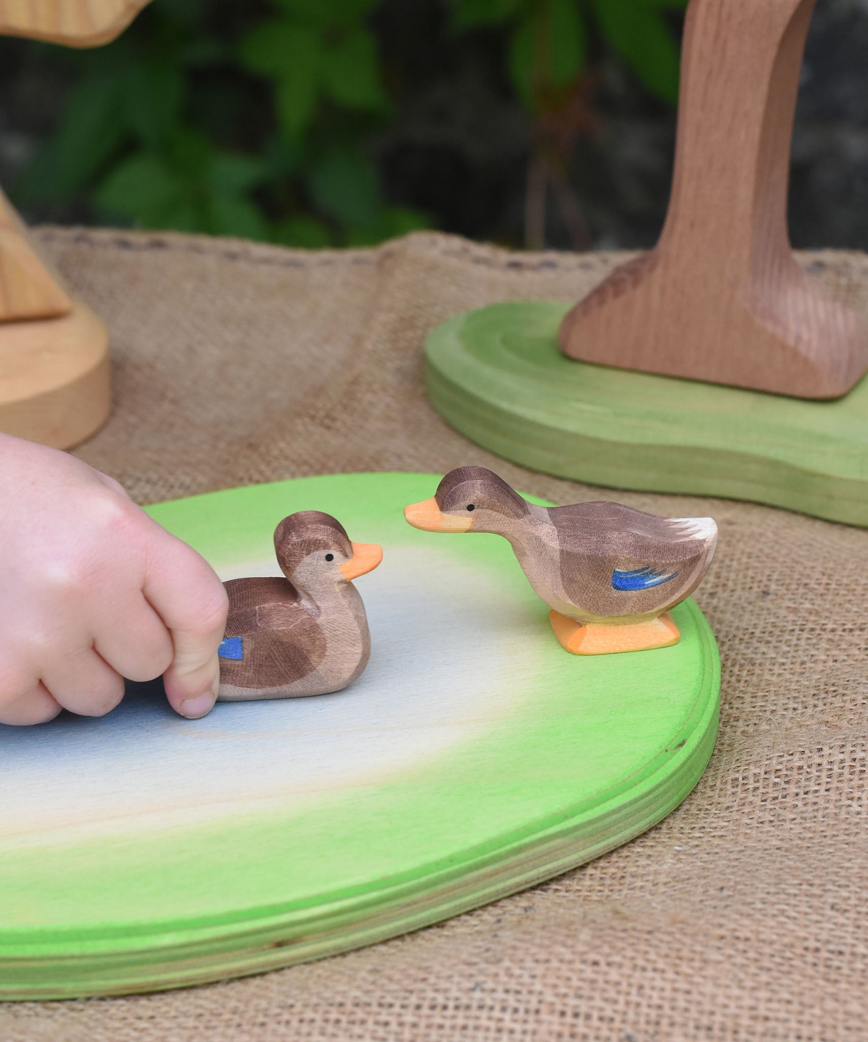 Two Ostheimer wooden ducks placed on a wooden pond scene piece. A child's hand can be seen holding the swimming duck.