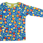 Organic cotton children long sleeve top with fresh and zesty citrus print on blue background with green trim from DUNS.