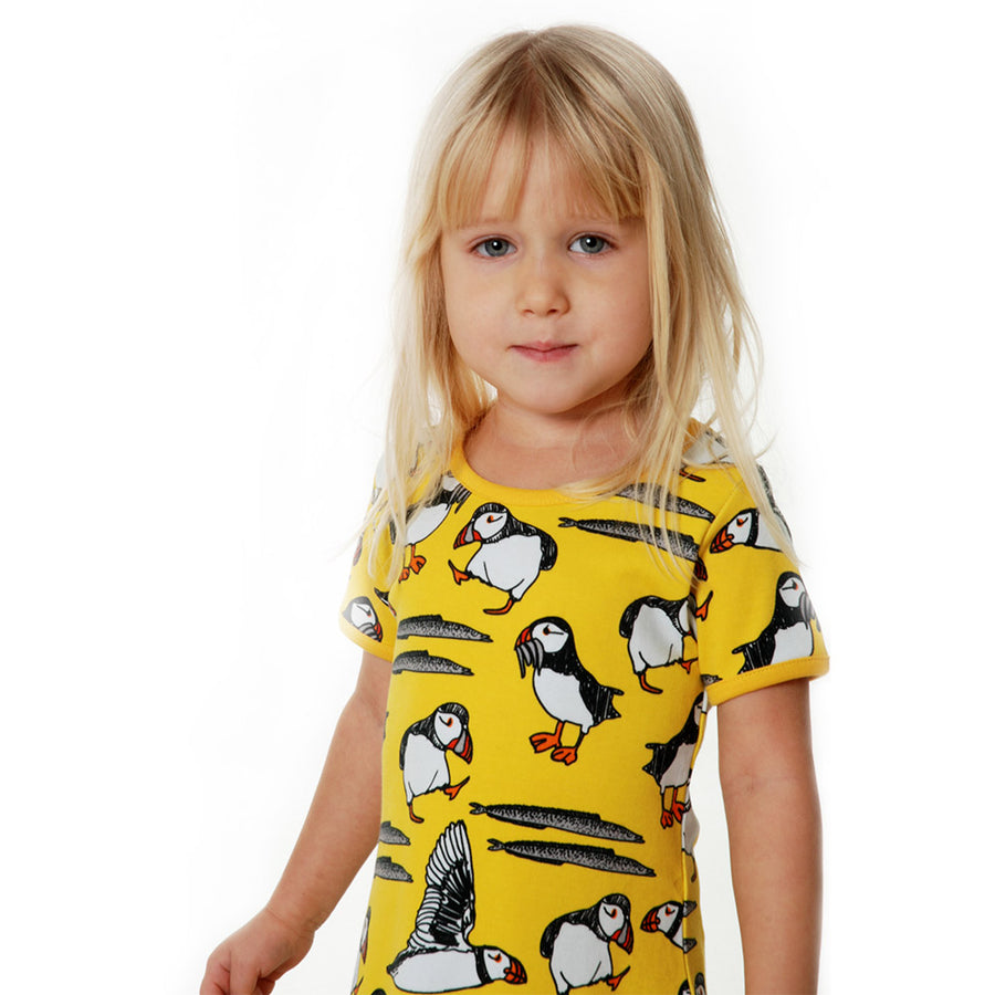Duns Puffin Lemon Chrome Organic Cotton Short Sleeve Skater Dress Babipur