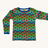 A blue, green and brown striped Duns long sleeve top with a radish design on a cream background
