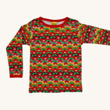 A orange, red, pink and purple striped Duns long sleeve top with a radish design on a cream background.