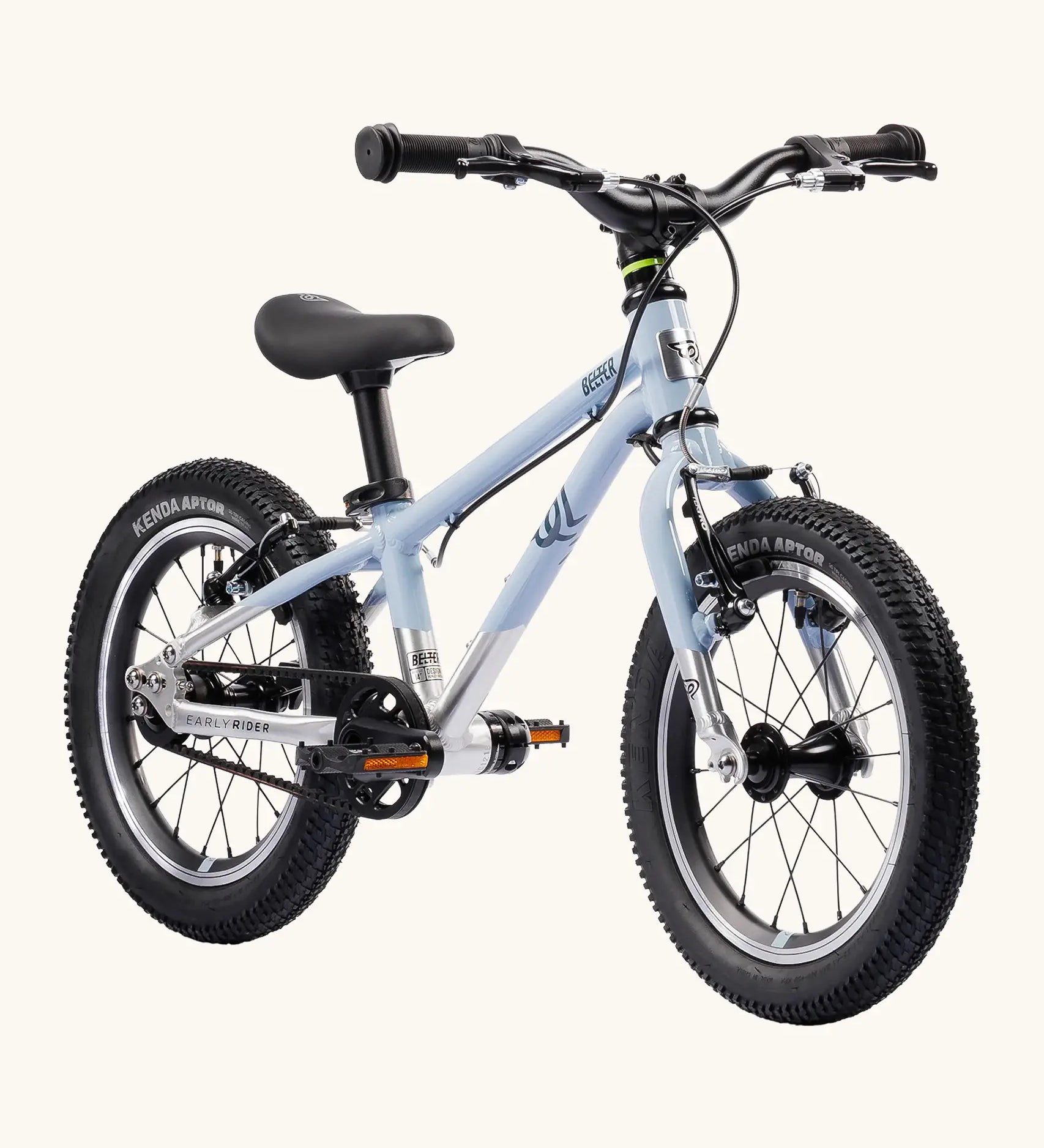 Early Rider belter 14 inch kids bicycle in arctic blue with a brushed aluminium bottom half. Features a belt drive chain and chunky wheels