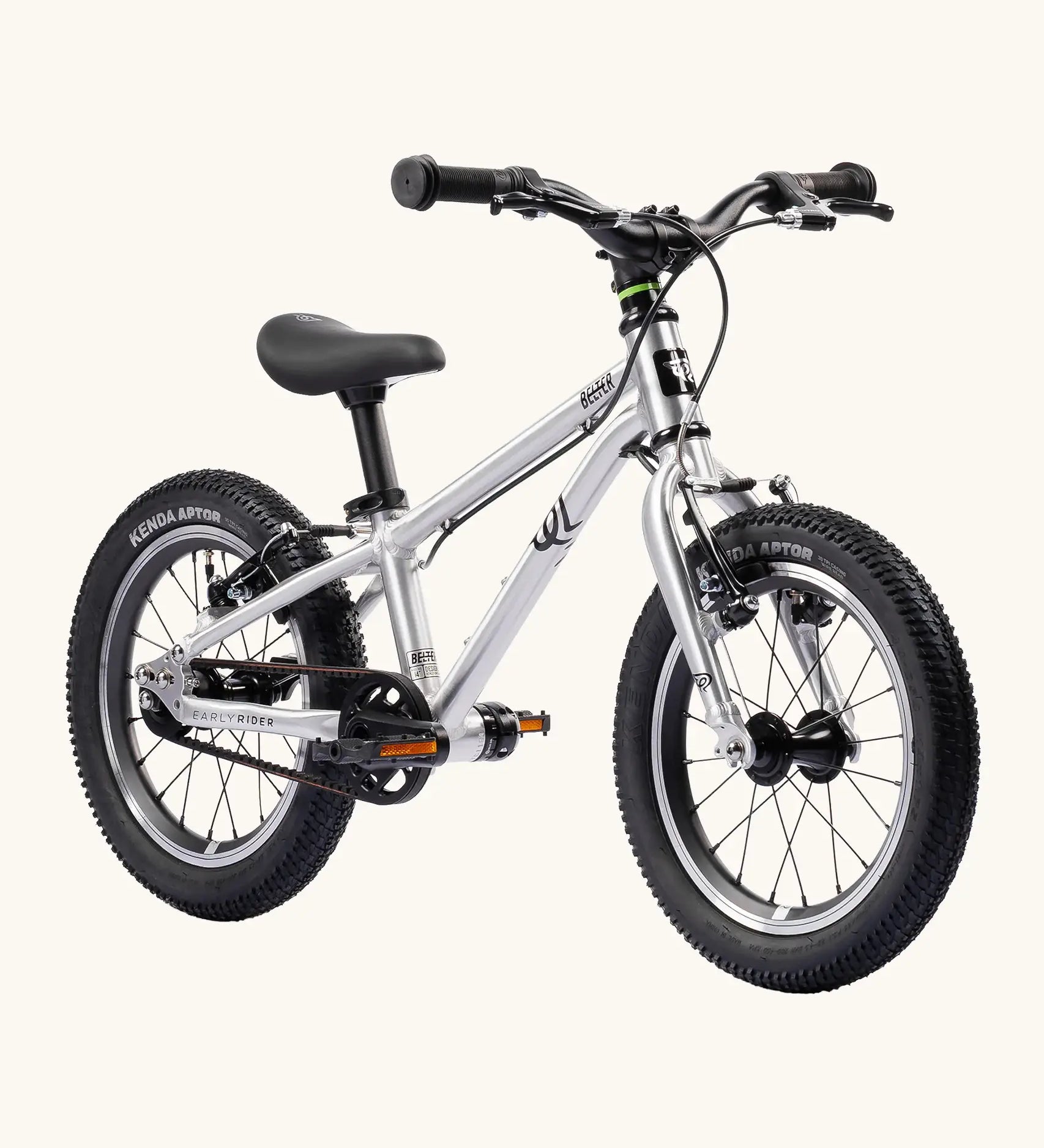 Early Rider belter 14 inch kids bicycle in brushed alloy. Features a belt drive chain and chunky wheels
