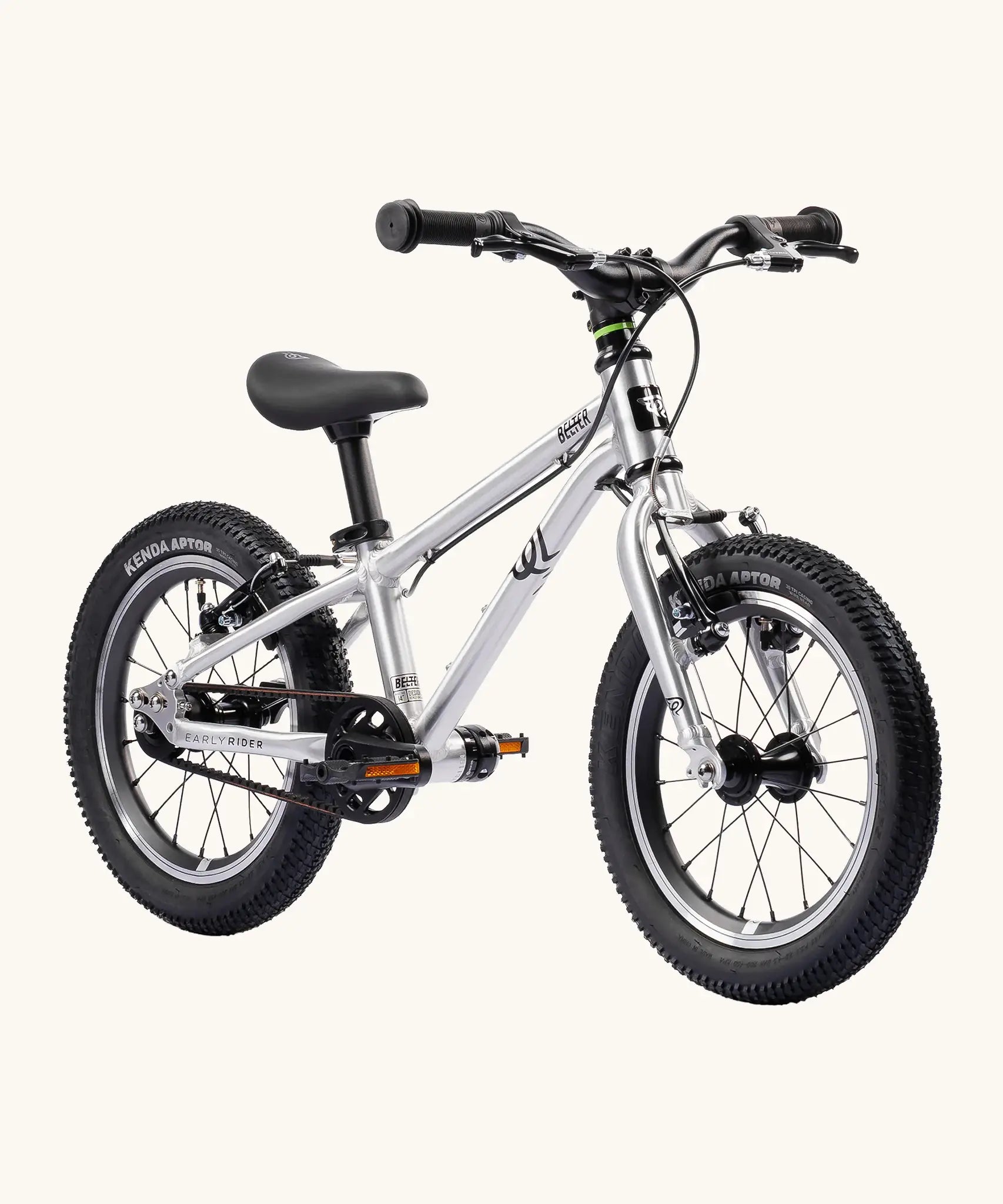 Early Rider belter 14 inch kids bicycle in brushed alloy. Features a belt drive chain and chunky wheels