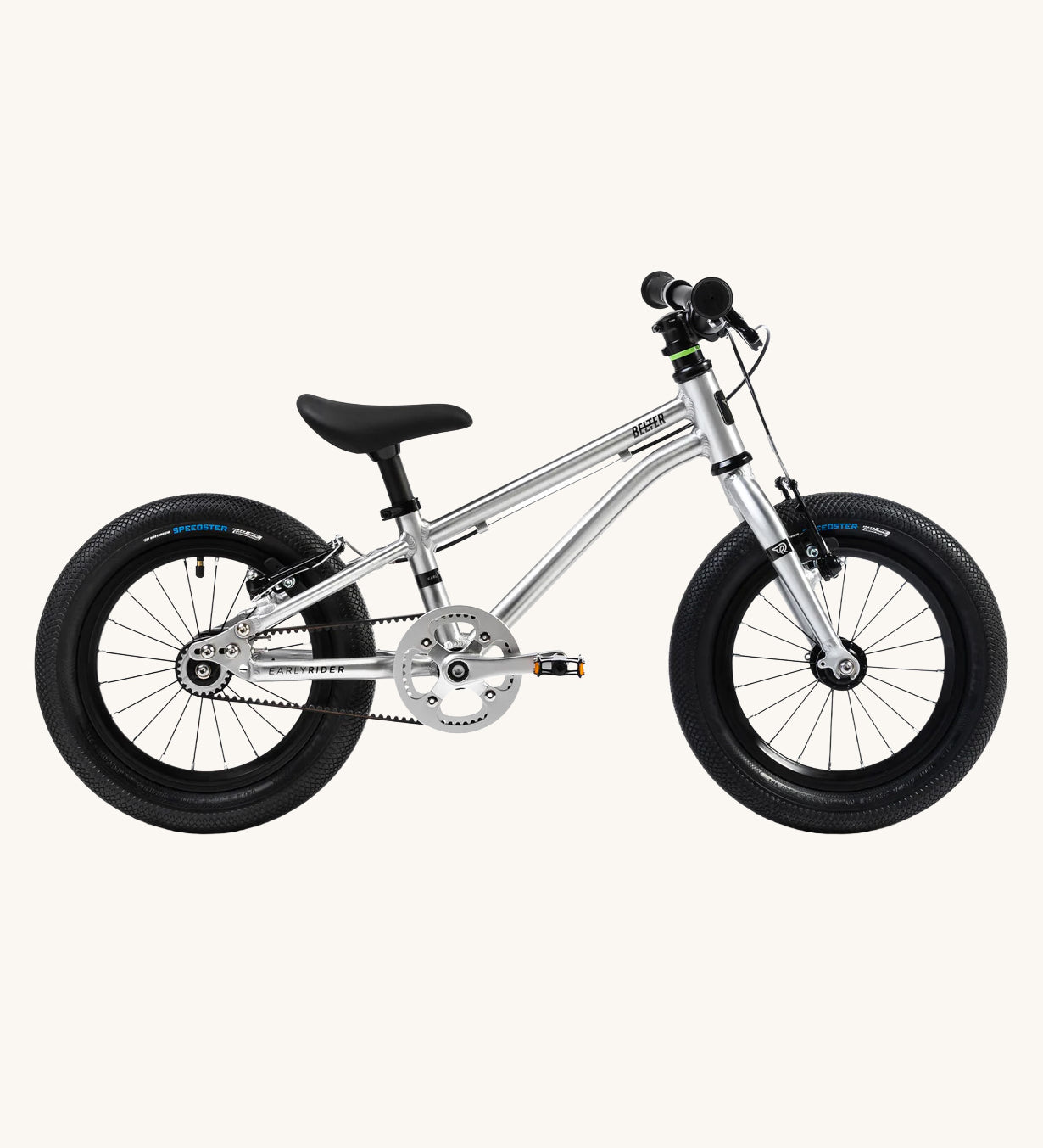 Side profile view of the The Early Rider Belter 14" Kids Pedal Bike for 3-5 Years in brushed aluminium. Babipur are official stockists of Early Rider. 