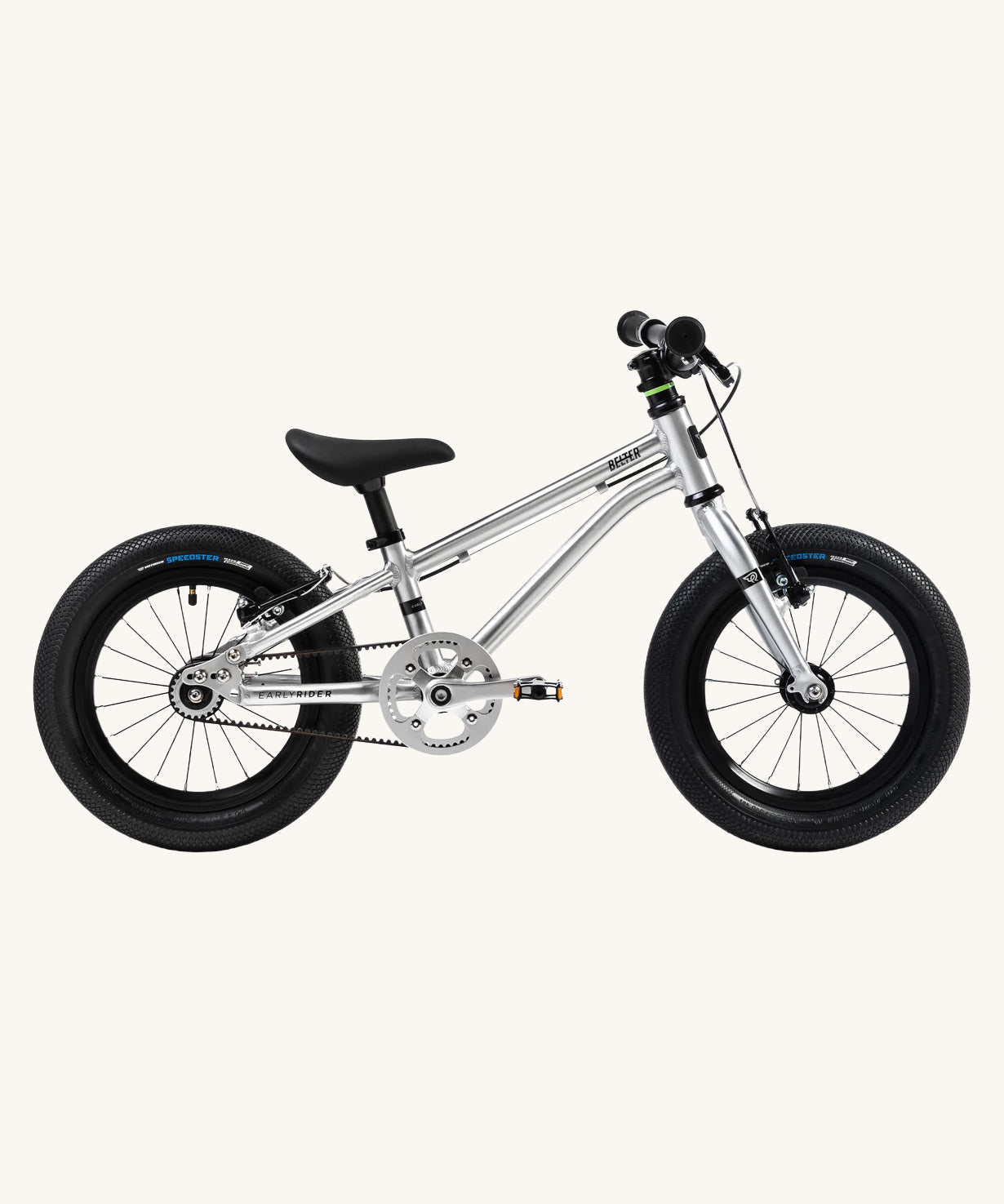 Side profile view of the The Early Rider Belter 14" Kids Pedal Bike for 3-5 Years in brushed aluminium. Babipur are official stockists of Early Rider. 