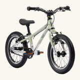 Early Rider belter 14 inch kids bicycle in sage green with a brushed aluminium bottom half. Features a belt drive chain and chunky wheels
