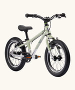 Early Rider belter 14 inch kids bicycle in sage green with a brushed aluminium bottom half. Features a belt drive chain and chunky wheels
