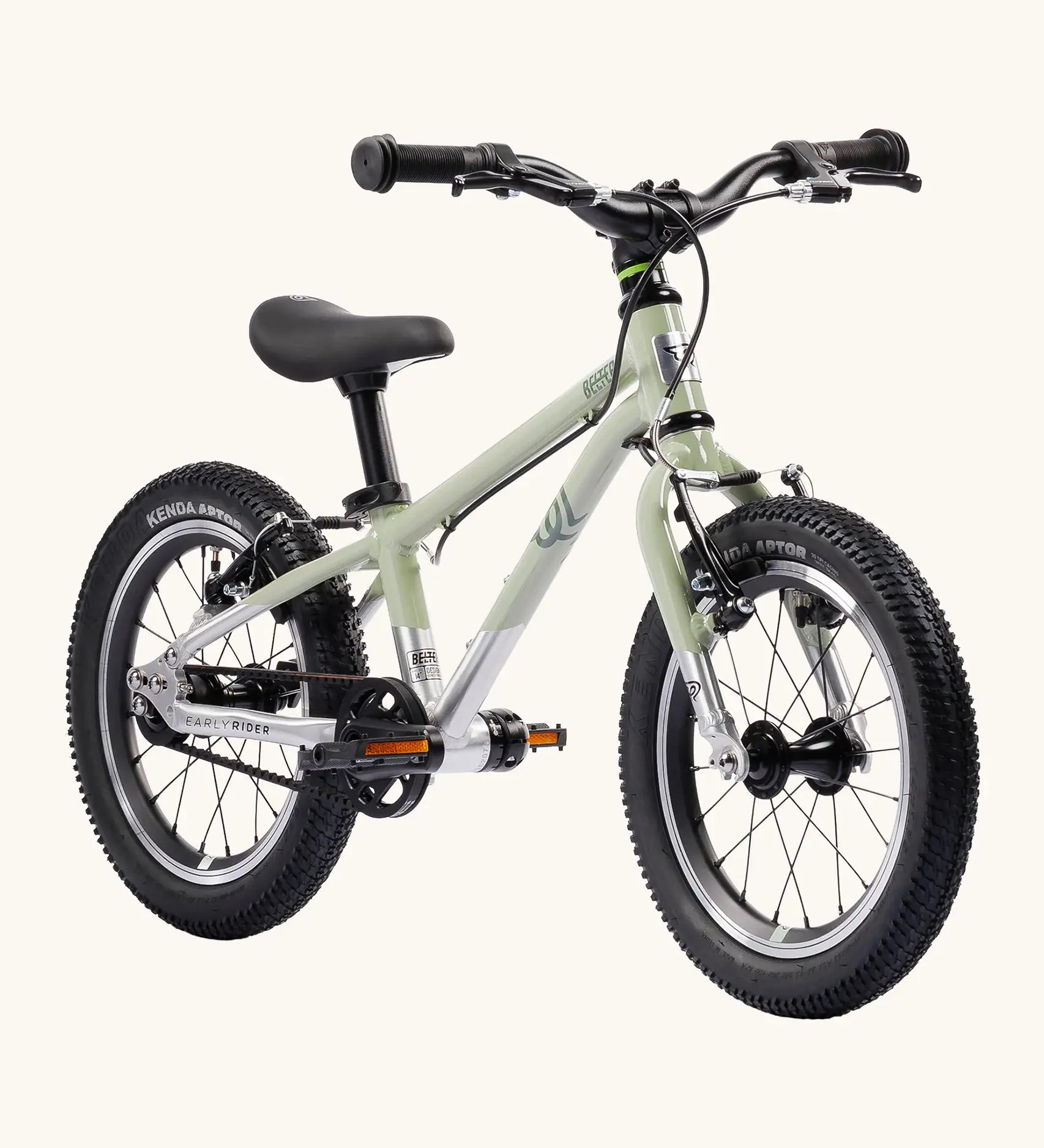Early Rider belter 14 inch kids bicycle in sage green with a brushed aluminium bottom half. Features a belt drive chain and chunky wheels