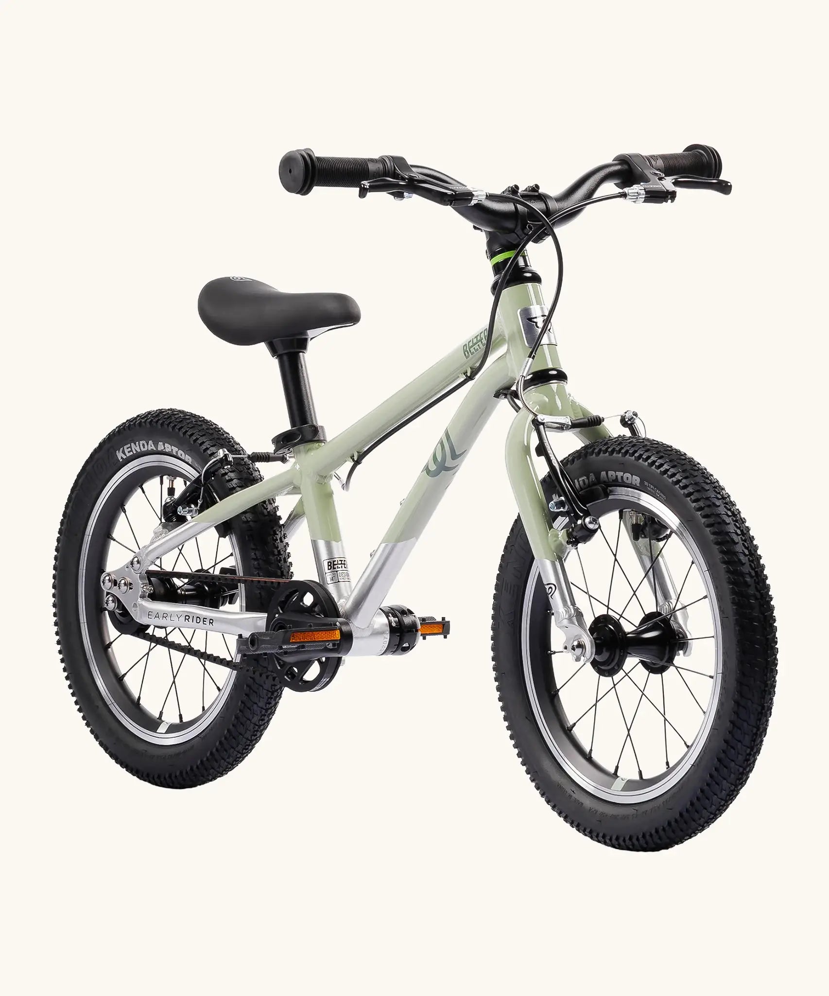 Early Rider belter 14 inch kids bicycle in sage green with a brushed aluminium bottom half. Features a belt drive chain and chunky wheels