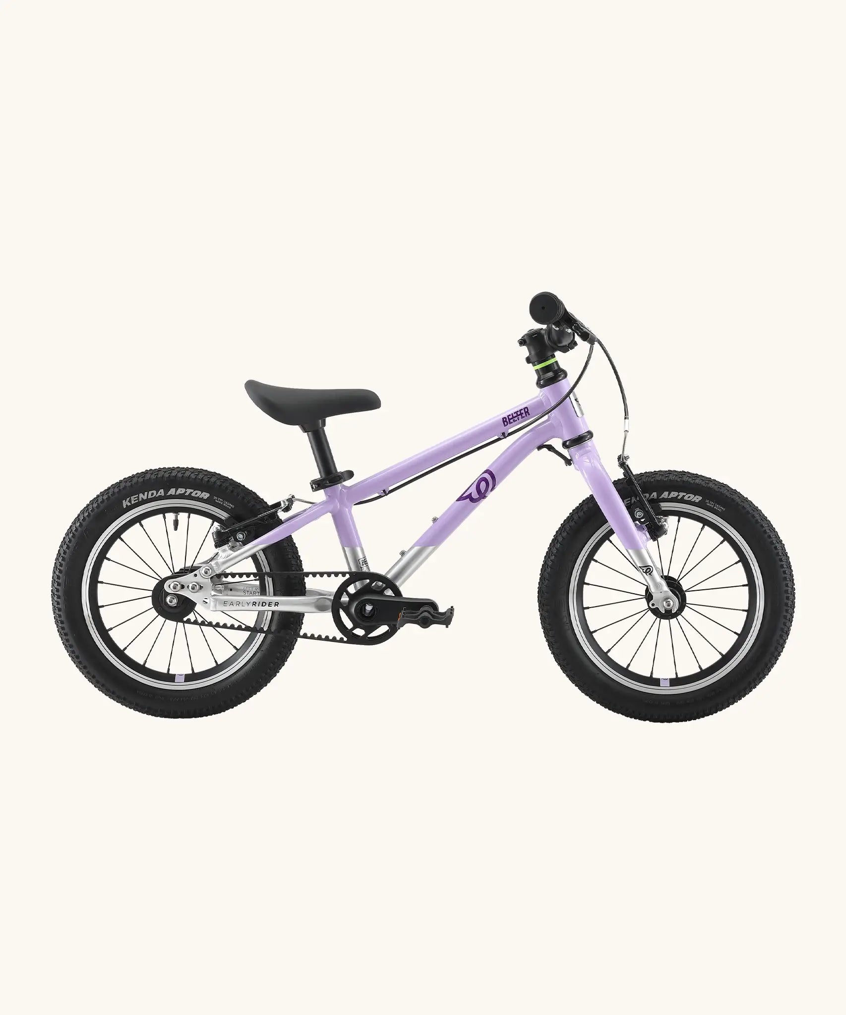 Side of a Early Rider belter 14 inch kids bicycle showing a violet haze top half and brushed aluminium bottom half frame