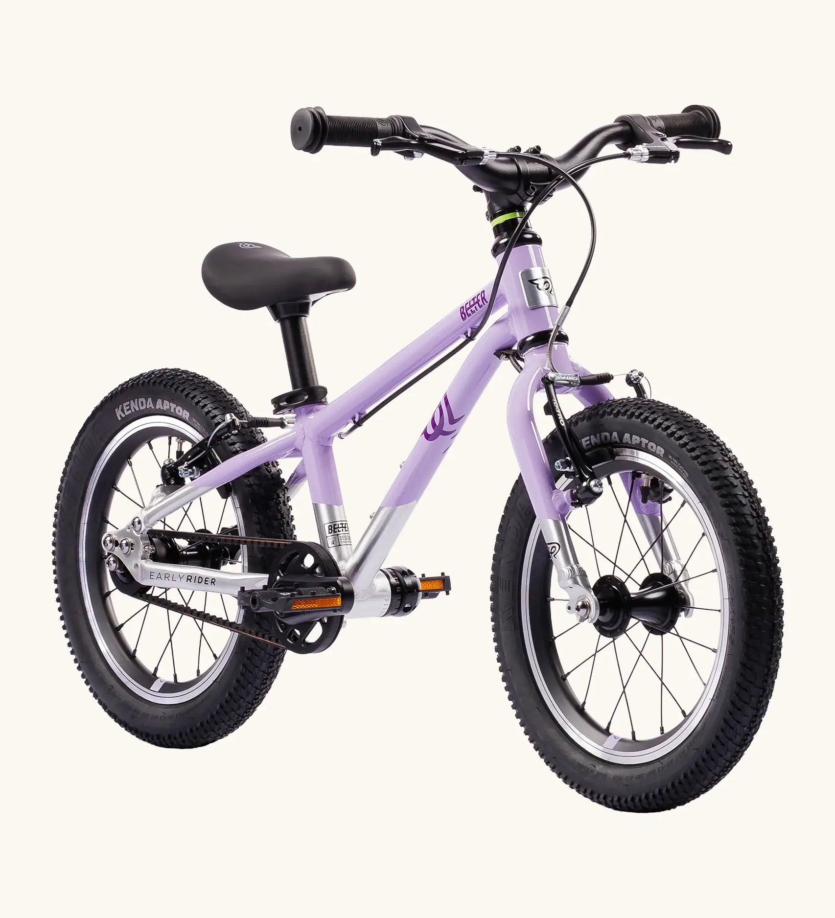 Early Rider belter 14 inch kids bicycle in violet haze with a brushed aluminium bottom half. Features a belt drive chain and chunky wheels