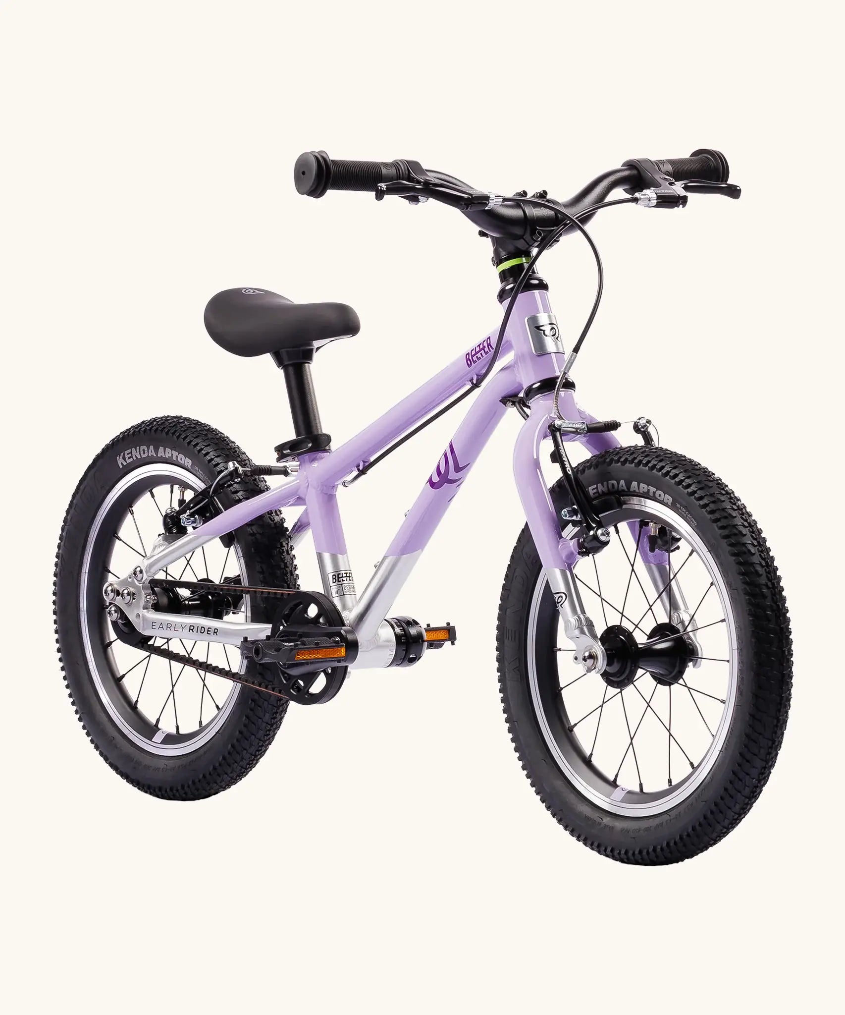Early Rider belter 14 inch kids bicycle in violet haze with a brushed aluminium bottom half. Features a belt drive chain and chunky wheels