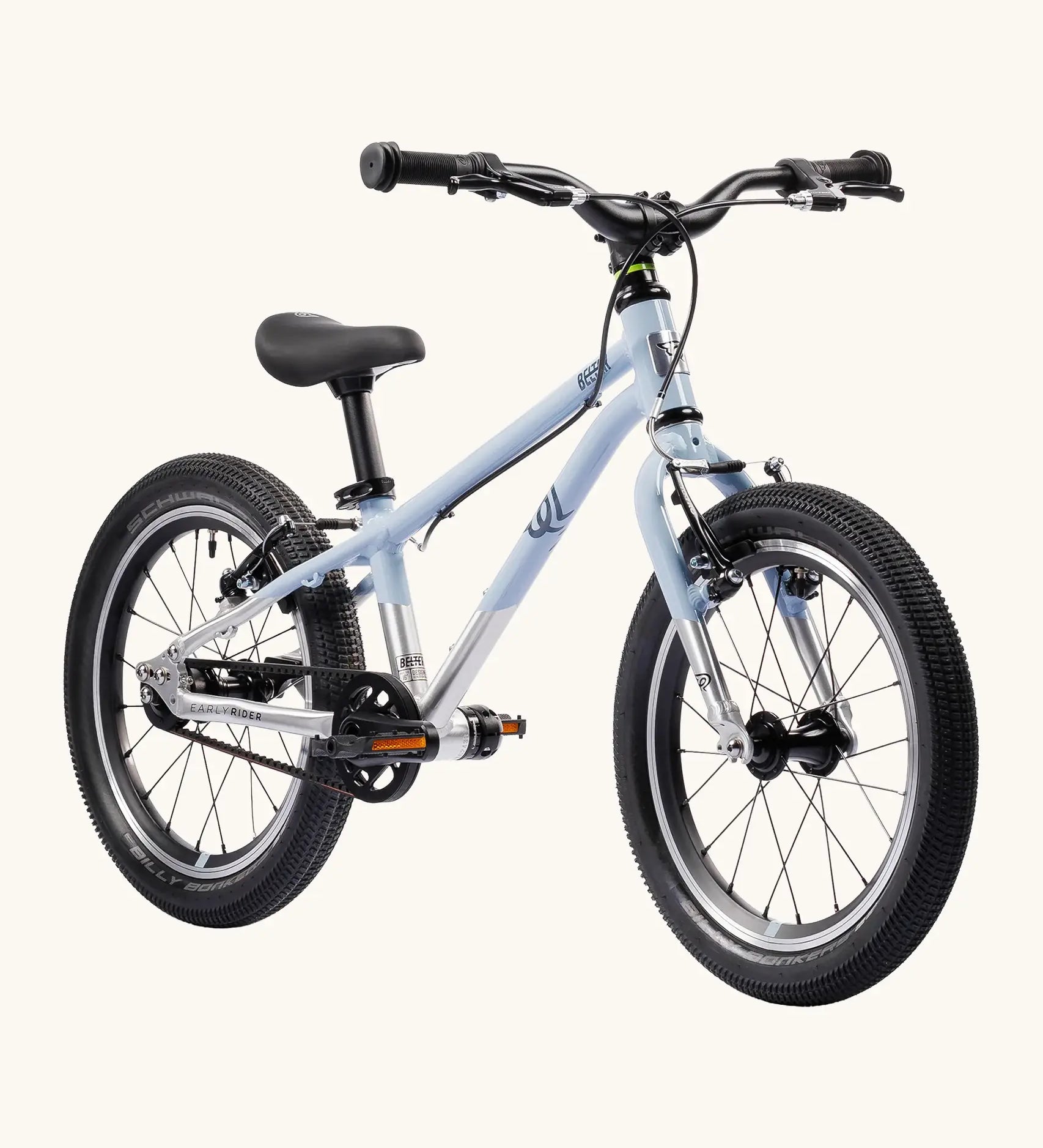 Early Rider belter 16 inch kids bicycle in arctic blue with a brushed aluminium bottom half. Features a belt drive chain and chunky wheels