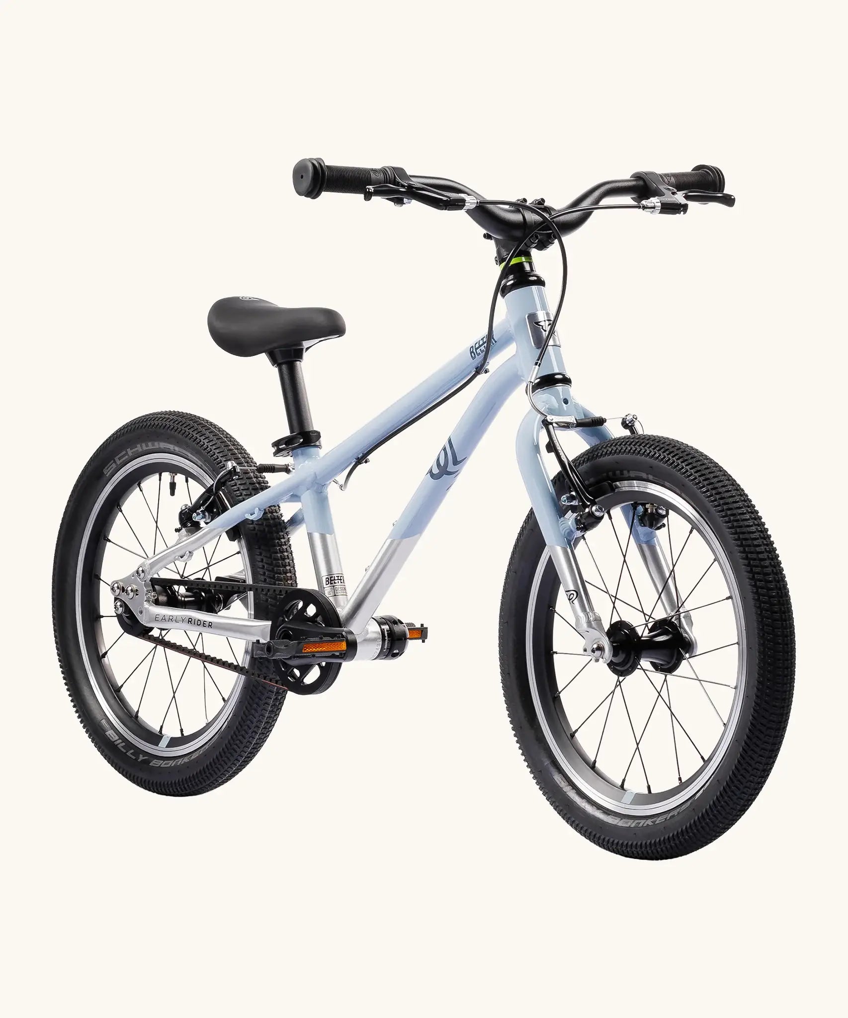 Early Rider belter 16 inch kids bicycle in arctic blue with a brushed aluminium bottom half. Features a belt drive chain and chunky wheels