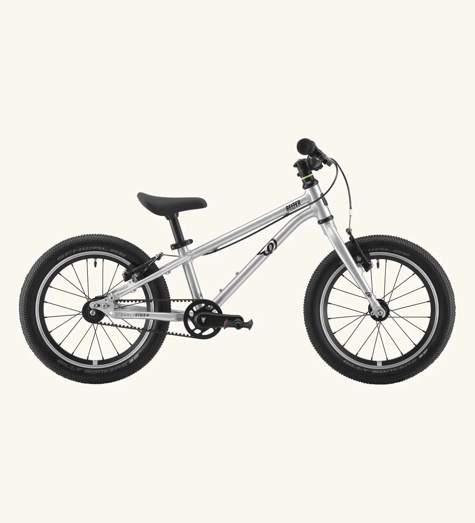 Side of a Early Rider belter 16 inch kids bicycle showing brushed aluminium bottom half frame, belt drive chain and chunky wheels