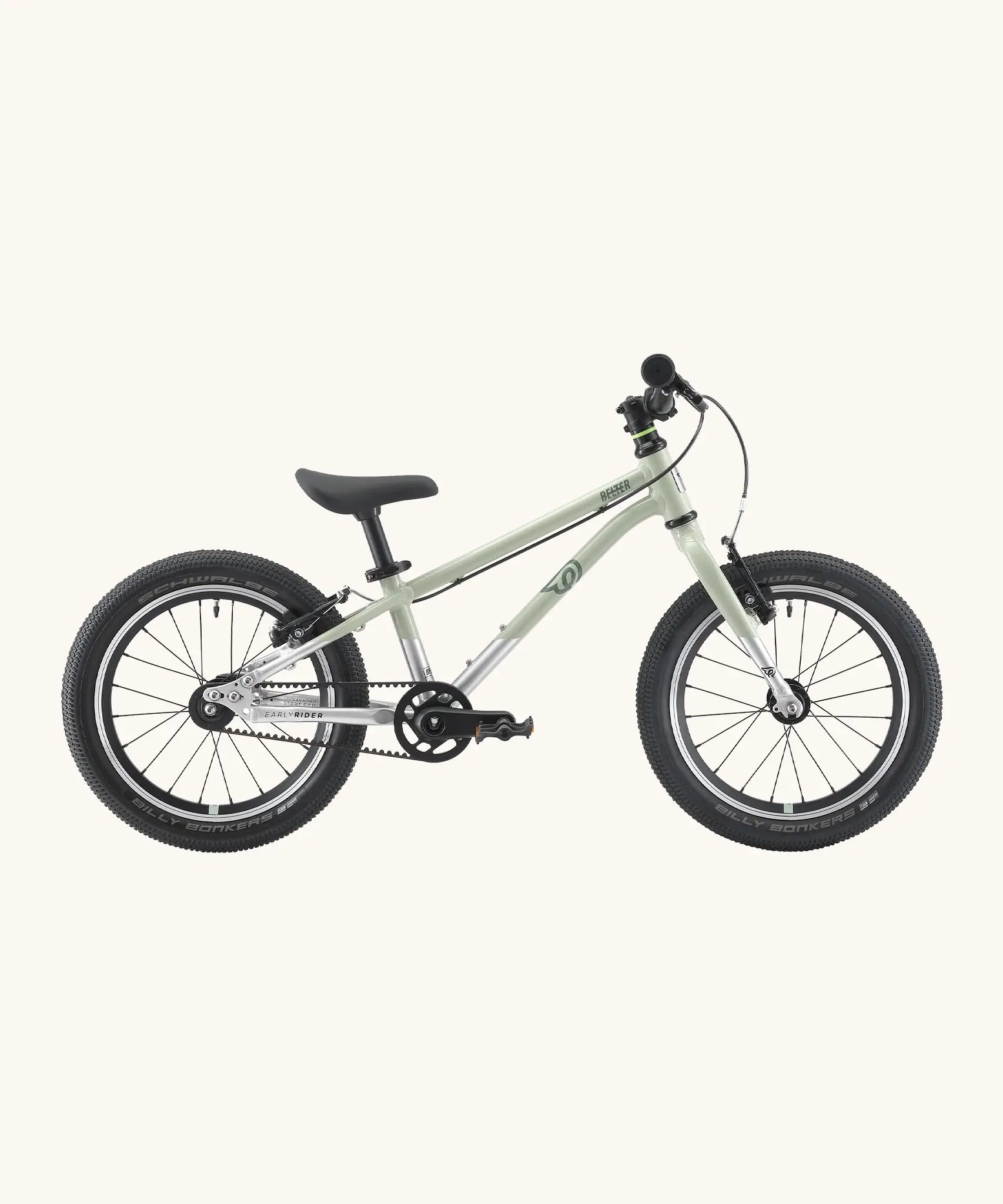 Side of a Early Rider belter 16 inch kids bicycle showing a sage green top half and brushed aluminium bottom half frame