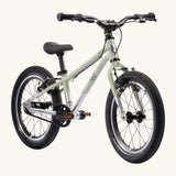 Early Rider belter 16 inch kids bicycle in sage green with a brushed aluminium bottom half. Features a belt drive chain and chunky wheels