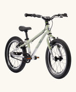 Early Rider belter 16 inch kids bicycle in sage green with a brushed aluminium bottom half. Features a belt drive chain and chunky wheels