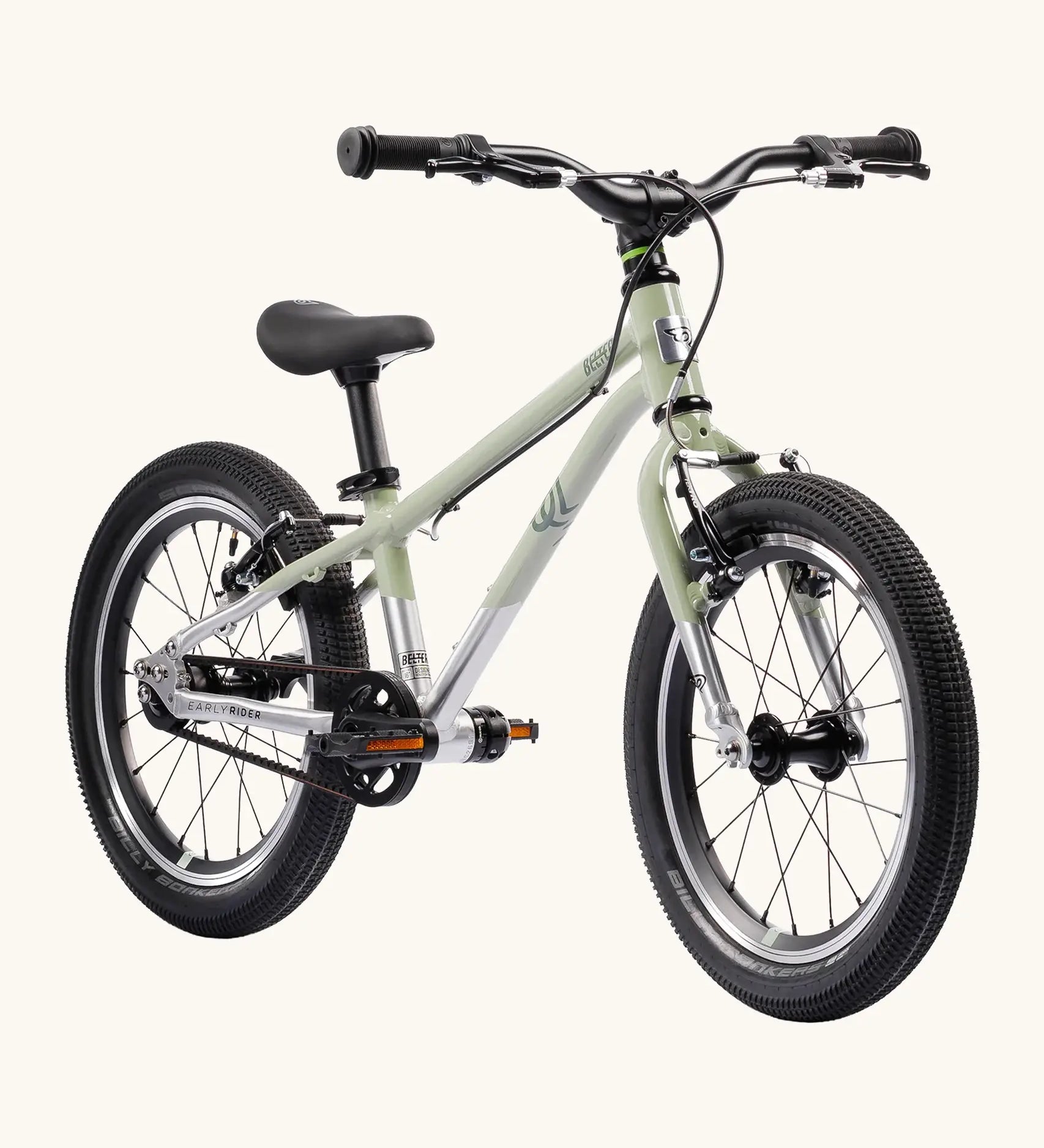 Early Rider belter 16 inch kids bicycle in sage green with a brushed aluminium bottom half. Features a belt drive chain and chunky wheels