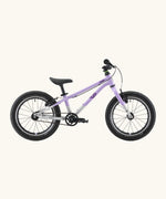 Side of a Early Rider belter 16 inch kids bicycle showing a violet haze top half and brushed aluminium bottom half frame