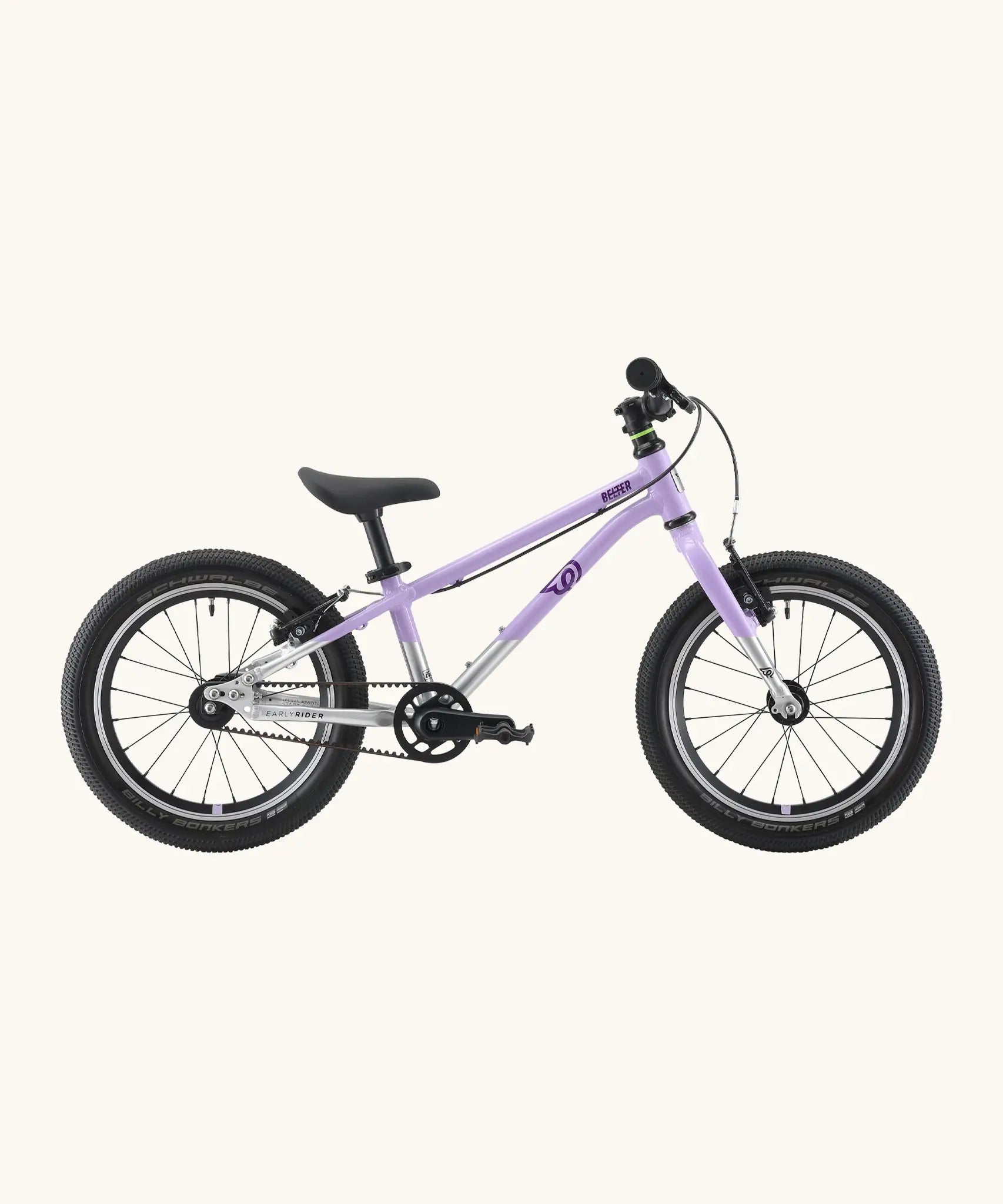 Side of a Early Rider belter 16 inch kids bicycle showing a violet haze top half and brushed aluminium bottom half frame