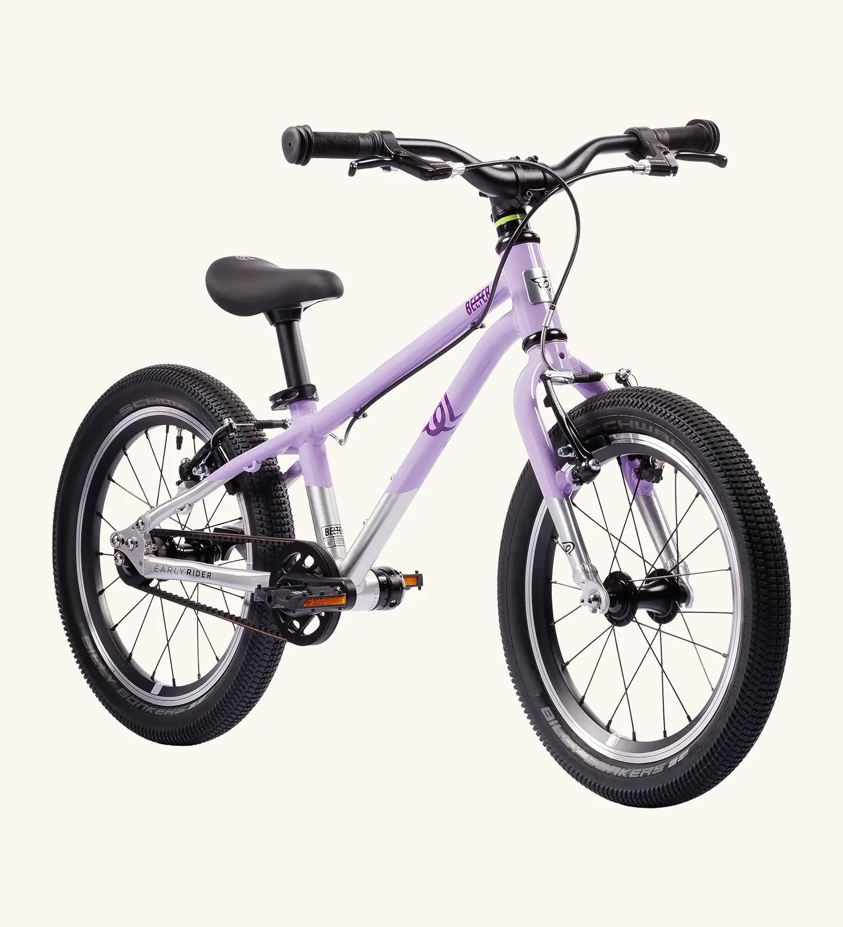 Early Rider belter 16 inch kids bicycle in violet haze with a brushed aluminium bottom half. Features a belt drive chain and chunky wheels