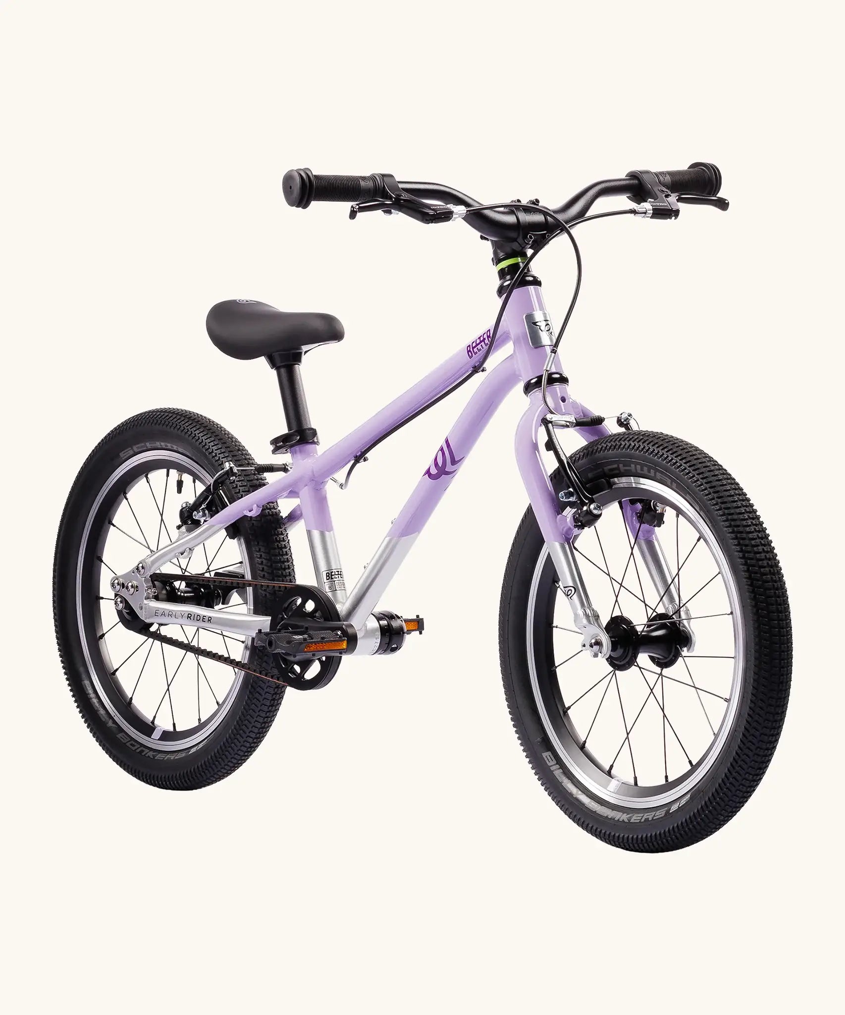 Early Rider belter 16 inch kids bicycle in violet haze with a brushed aluminium bottom half. Features a belt drive chain and chunky wheels