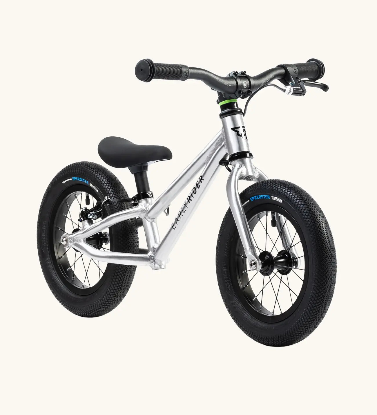 Early Rider charger balance bike with brakes in brushed aluminium. 