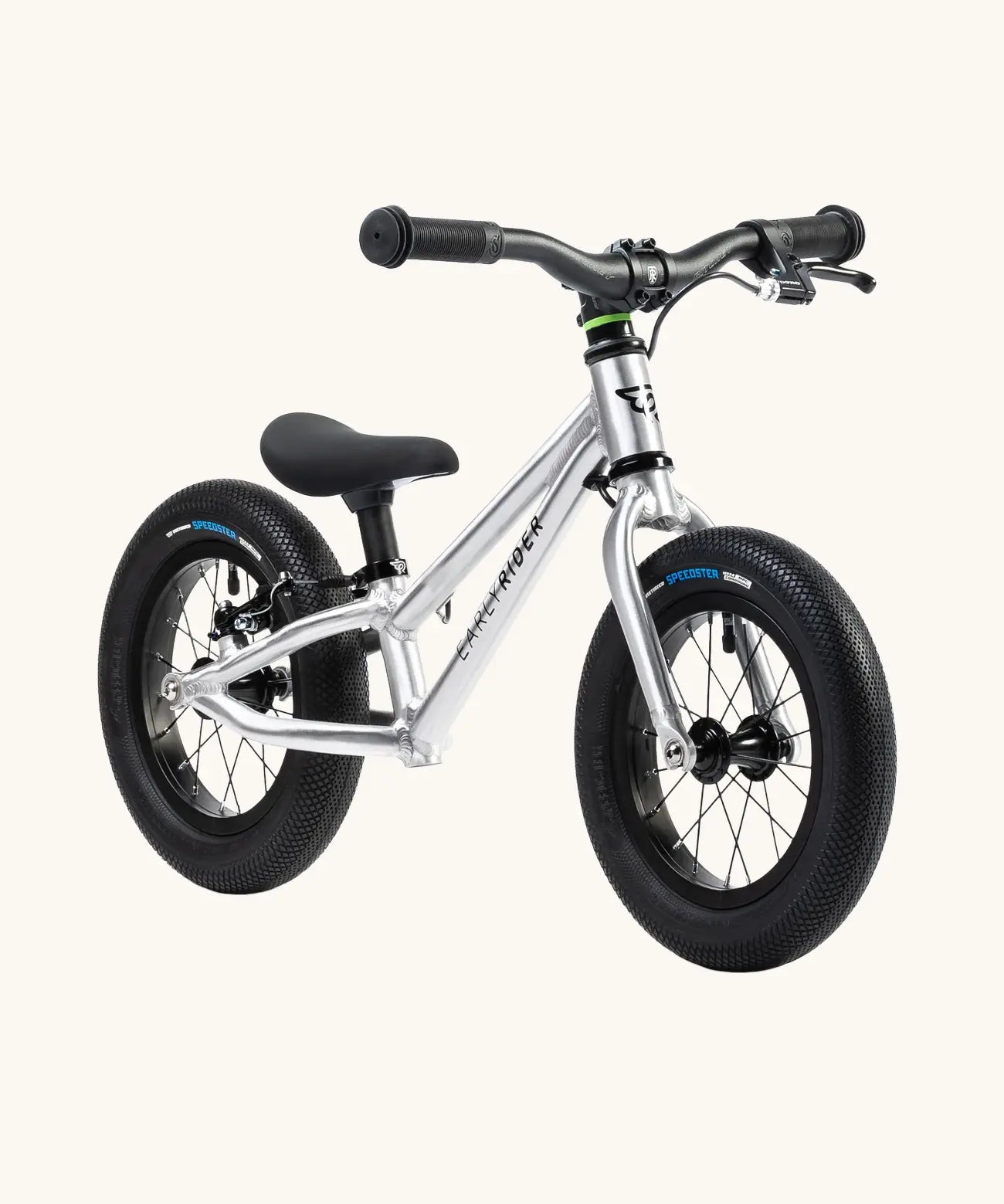 Early Rider charger balance bike with brakes in brushed aluminium. 