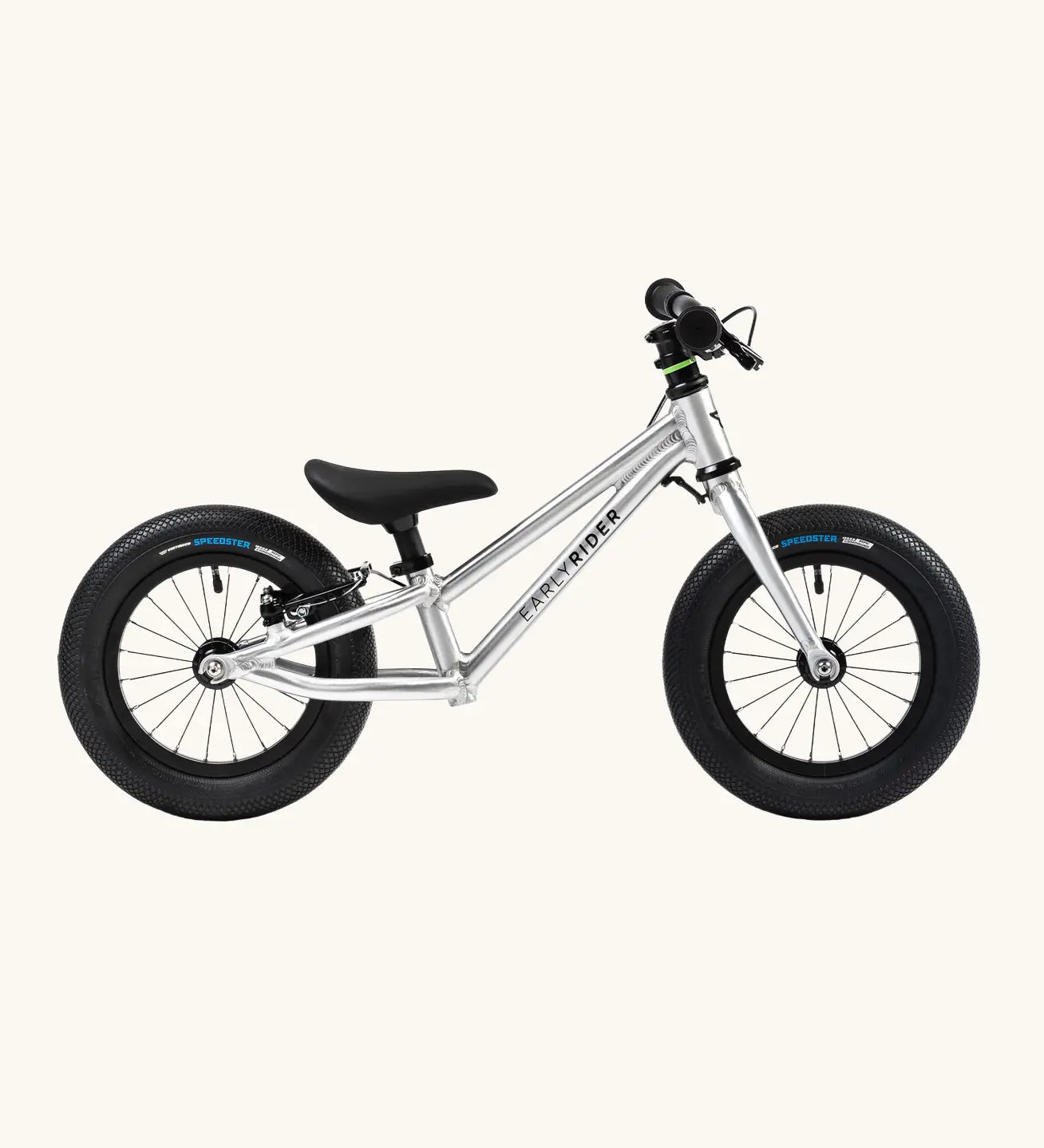 Early Rider charger balance bike with brakes in brushed aluminium.